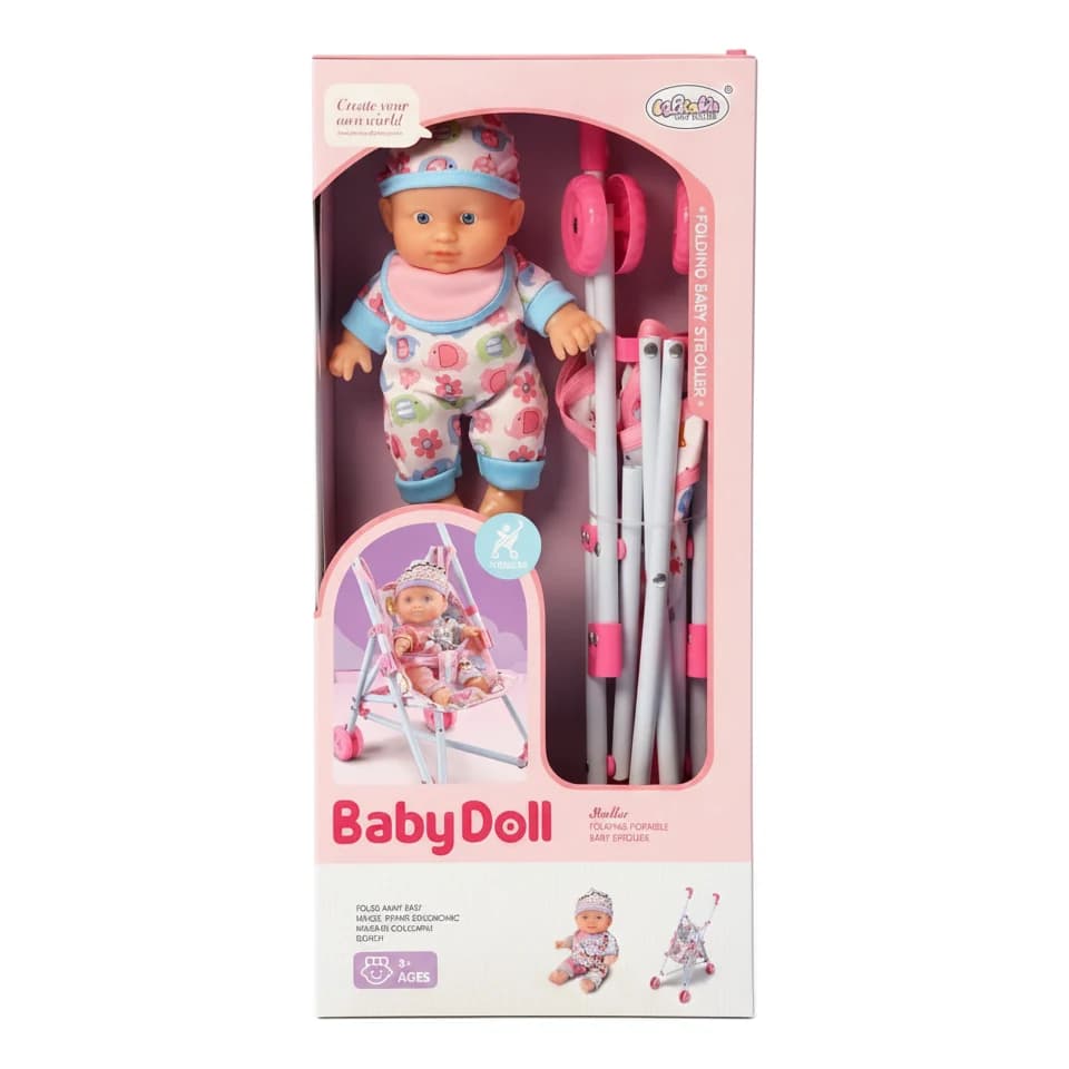 בובת משחק עם עגלה לסחיבה